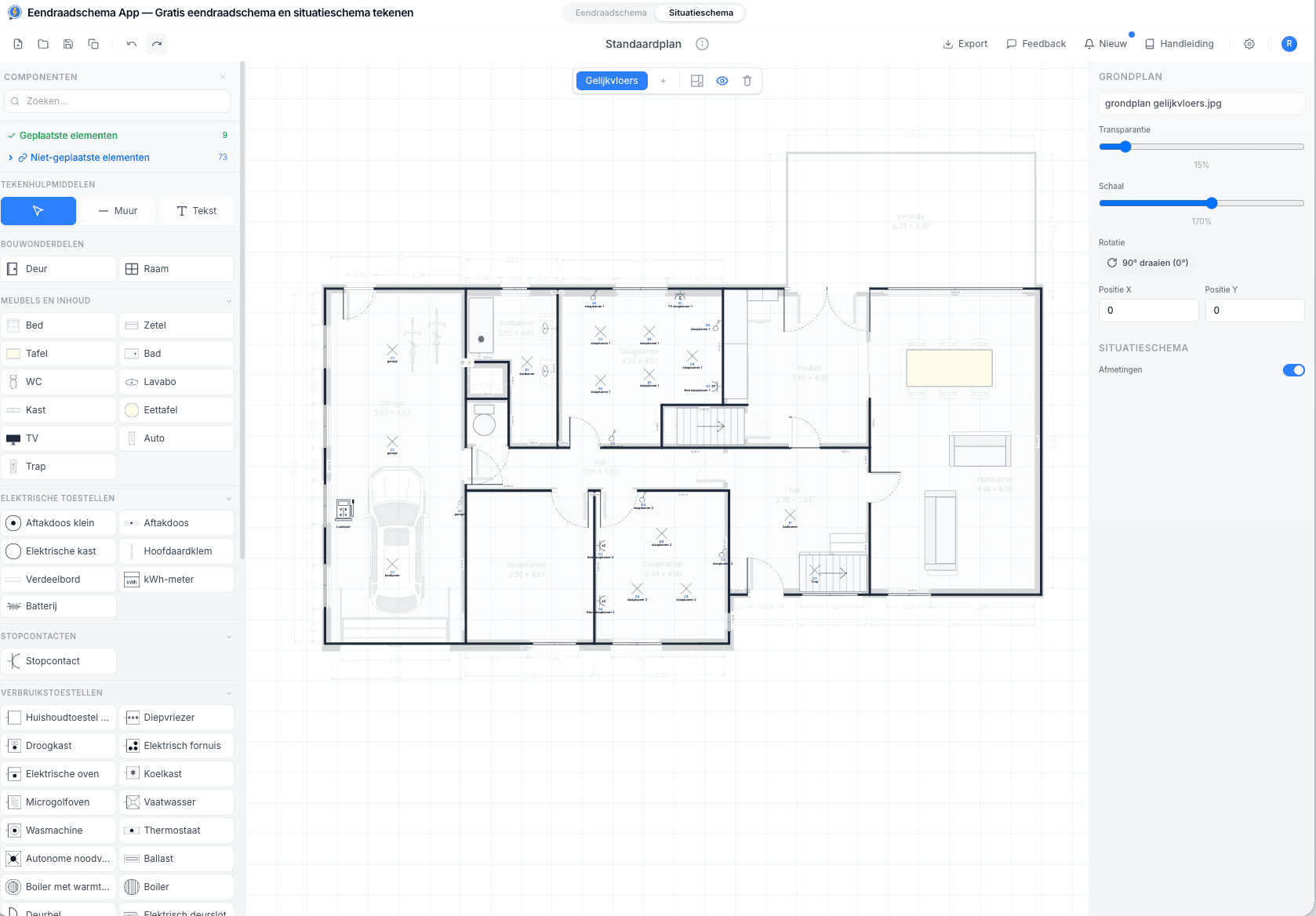 Éditeur de schéma de position avec le plan d'une habitation dans la Schéma Unifilaire app